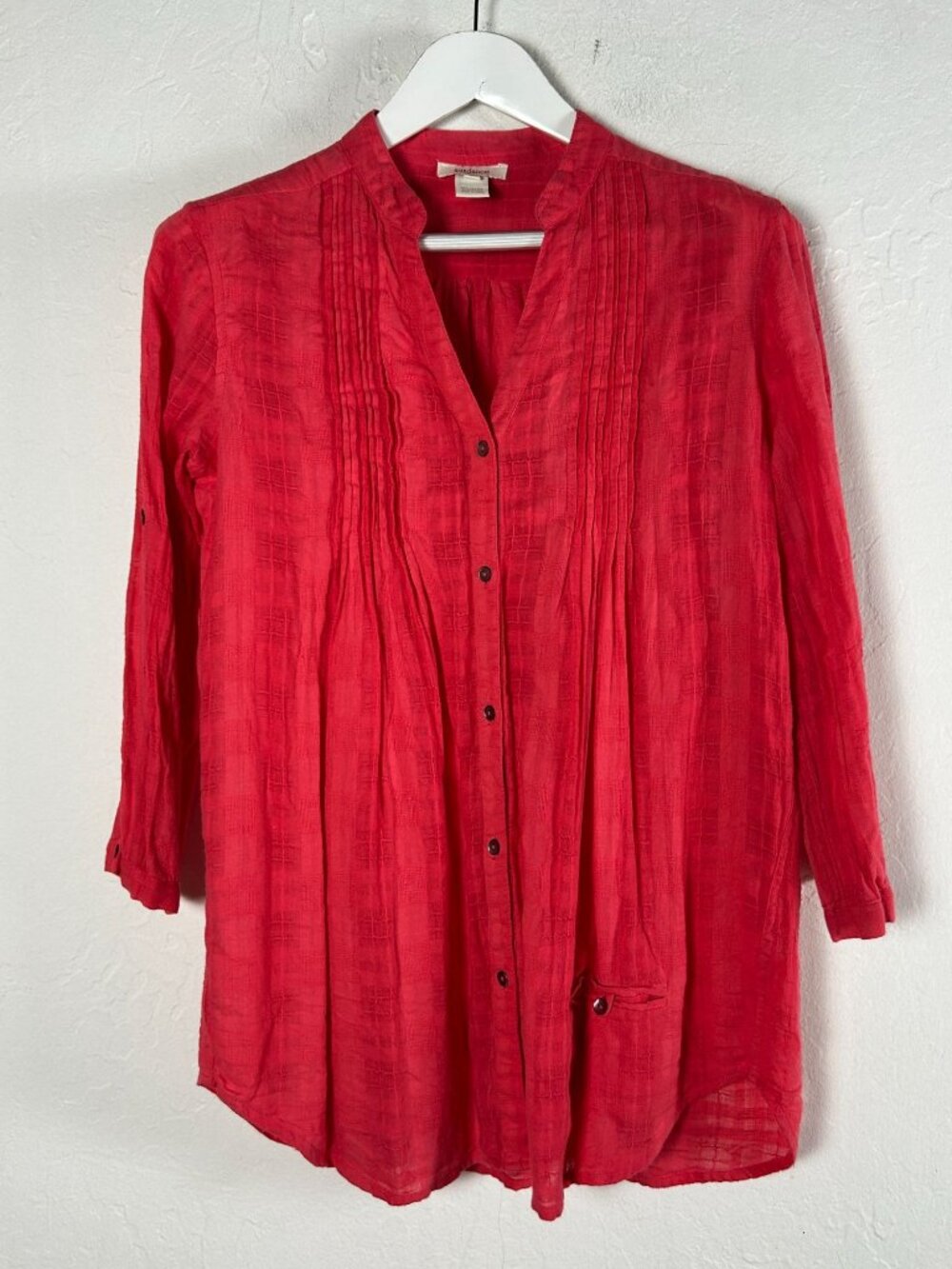 Sundance Womens Pintuck Light Red Cotton Button-Down Tunic Top Blouse Medium